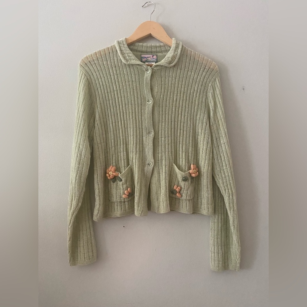 April Cornell green Cardigan floral floret buttons size S pristine condition - Picture 11 of 13